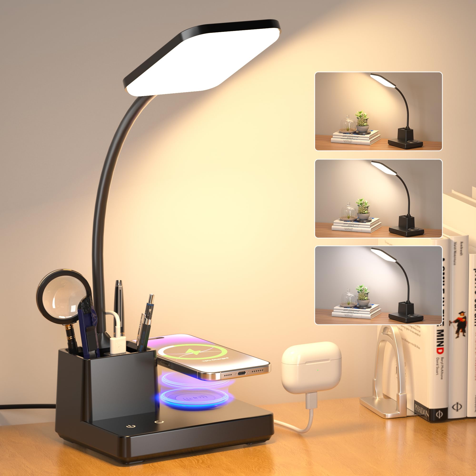 Desk Lamp, Bedside Table Lamps with Wireless Charger and Clock, 30Mins Auto-Off Night Light Lamp, 3 Color Modes Dimmable Touch 800LM CRI 95, LED Desk Lamps for Home Office, Adapter Included