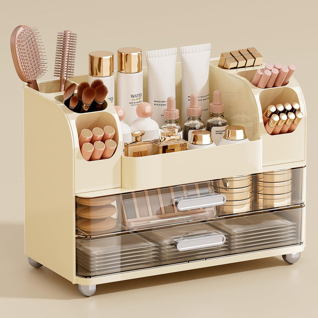 UFORU Makeup Organizer for Vanity with 2 Large Drawers, Cosmetic Display Case with Brush Holders, Easy to Storage for Bathroom Countertop Skincare, Perfume, White