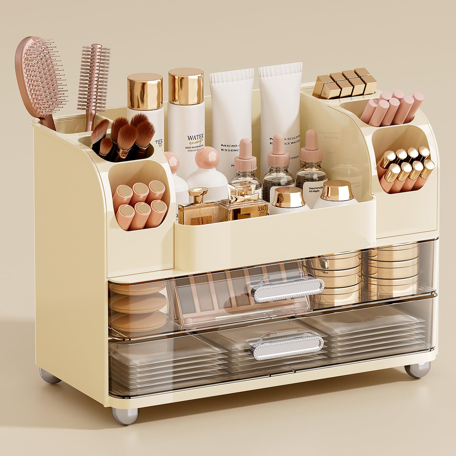 UFORU Makeup Organizer for Vanity with 2 Large Drawers, Cosmetic Display Case with Brush Holders, Easy to Storage for Bathroom Countertop Skincare, Perfume, White