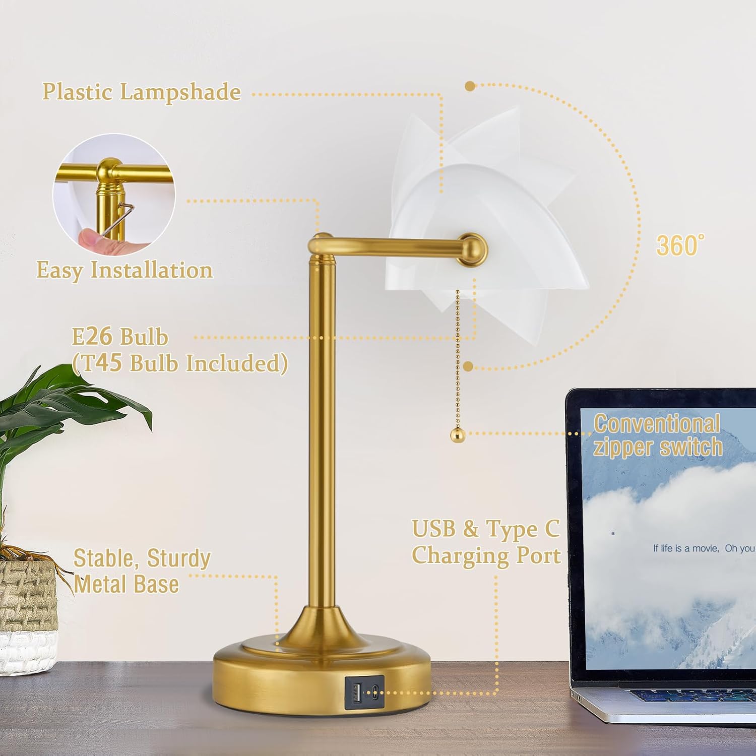 Vintage Desk Lamp Bankers Lamp - Plastic Lampshade Retro Table Lamp with USB & Type C Charging Ports Traditional Library Lamp for Home Office Nightstand Bedroom Side Table Lamp(T45 Bulb Included)