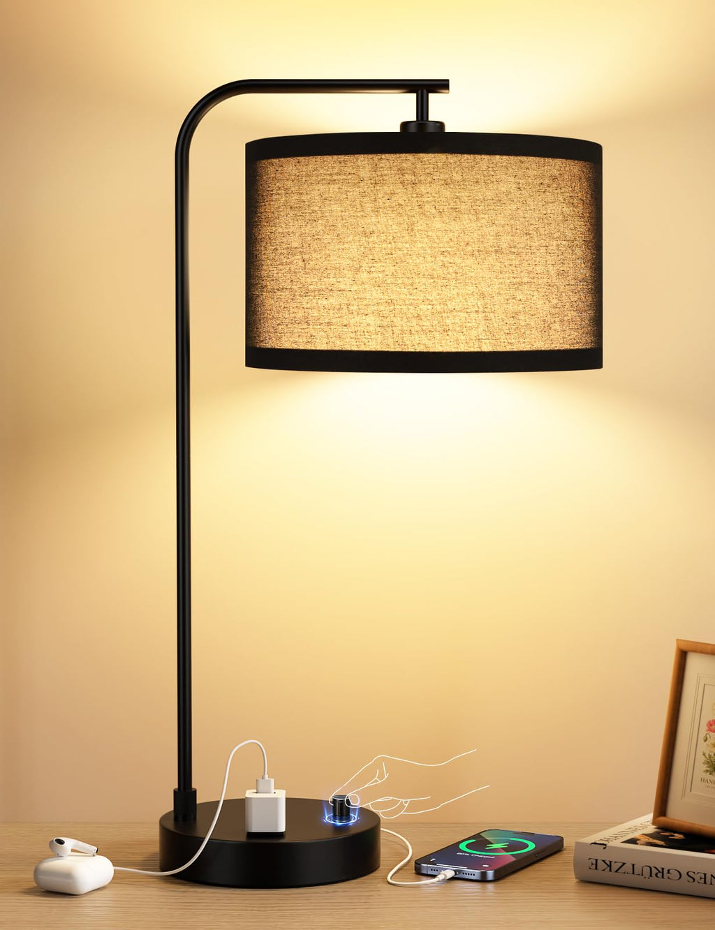 Innqoo Tall Table Lamp with USB Port and Outlet, Dimmable Nightstand Bedside Lamps with Linen Lampshade, Desk Lamp for Bedroom, Living Room, Guest Room, Home Office, LED Bulb Included