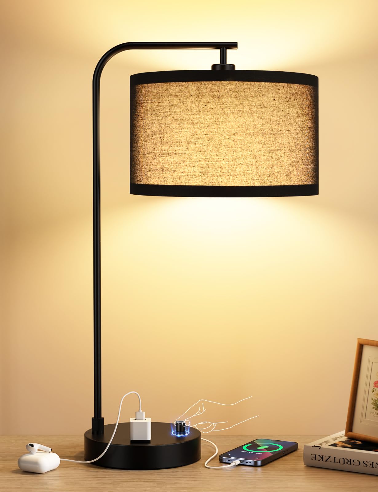 Innqoo Tall Table Lamp with USB Port and Outlet, Dimmable Nightstand Bedside Lamps with Linen Lampshade, Desk Lamp for Bedroom, Living Room, Guest Room, Home Office, LED Bulb Included