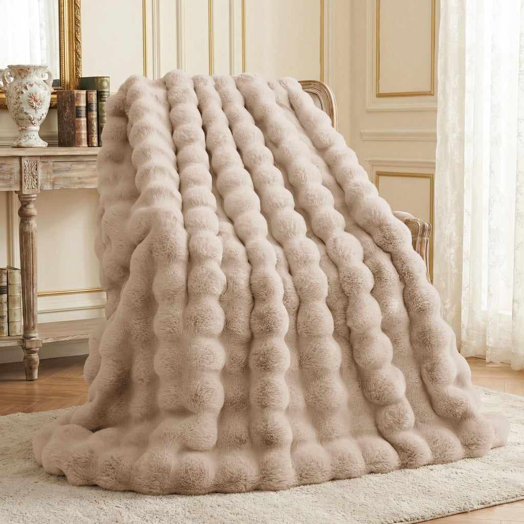 L'AGRATY Faux Rabbit Fur Blanket: 50" x 60" Luxury Soft Fluffy Thick Fur Throw Blanket for Couch Bed Sofa - Cozy Plush Bubble Blankets for Winter: Warm Flannel Fleece Decorative Blanket(Almond White)