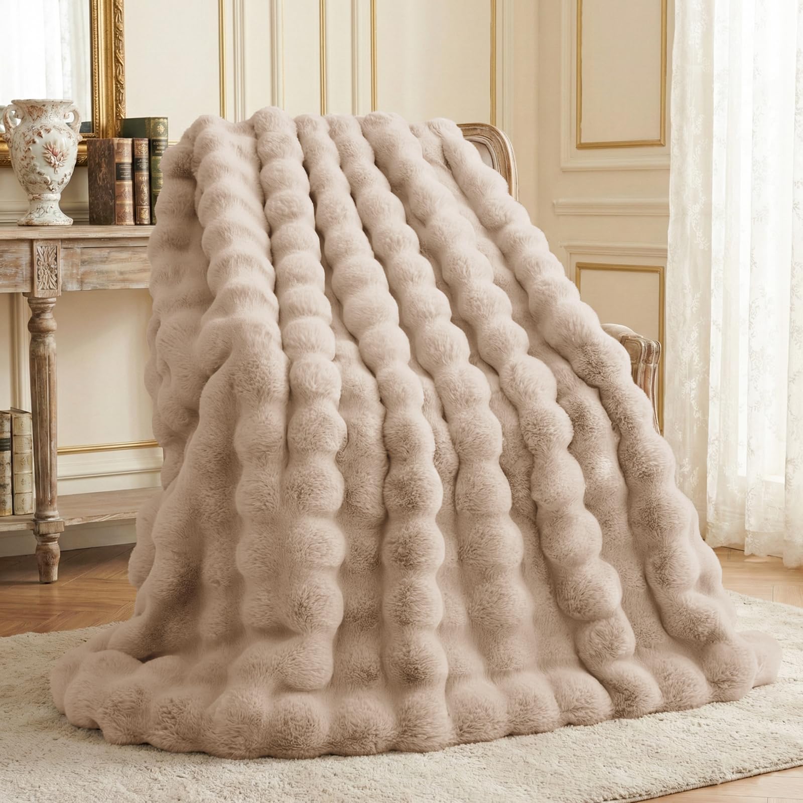 L'AGRATY Faux Rabbit Fur Blanket: 50" x 60" Luxury Soft Fluffy Thick Fur Throw Blanket for Couch Bed Sofa - Cozy Plush Bubble Blankets for Winter: Warm Flannel Fleece Decorative Blanket(Almond White)