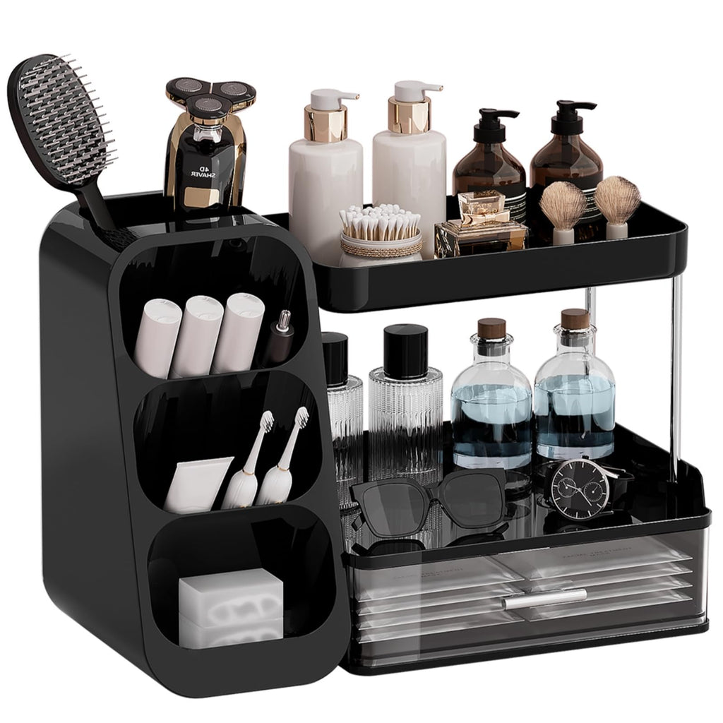 UFORU Makeup Organizer for Vanity with Brush Holder, Large Capacity Bathroom Countertop Skincare Organizer with 2 Drawers, Cosmetic Display Case for Perfumes, Eyeshadow Palettes, Nail Polishes