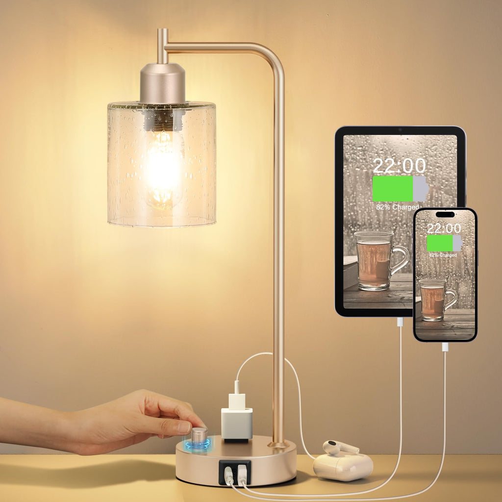 Industrial Bedside Table Lamp for Bedroom - Nightstand Lamps with USB C Charging Port, Fully Dimmable Black Ports and Outlets, Small Desk Glass Shade Office Living Room