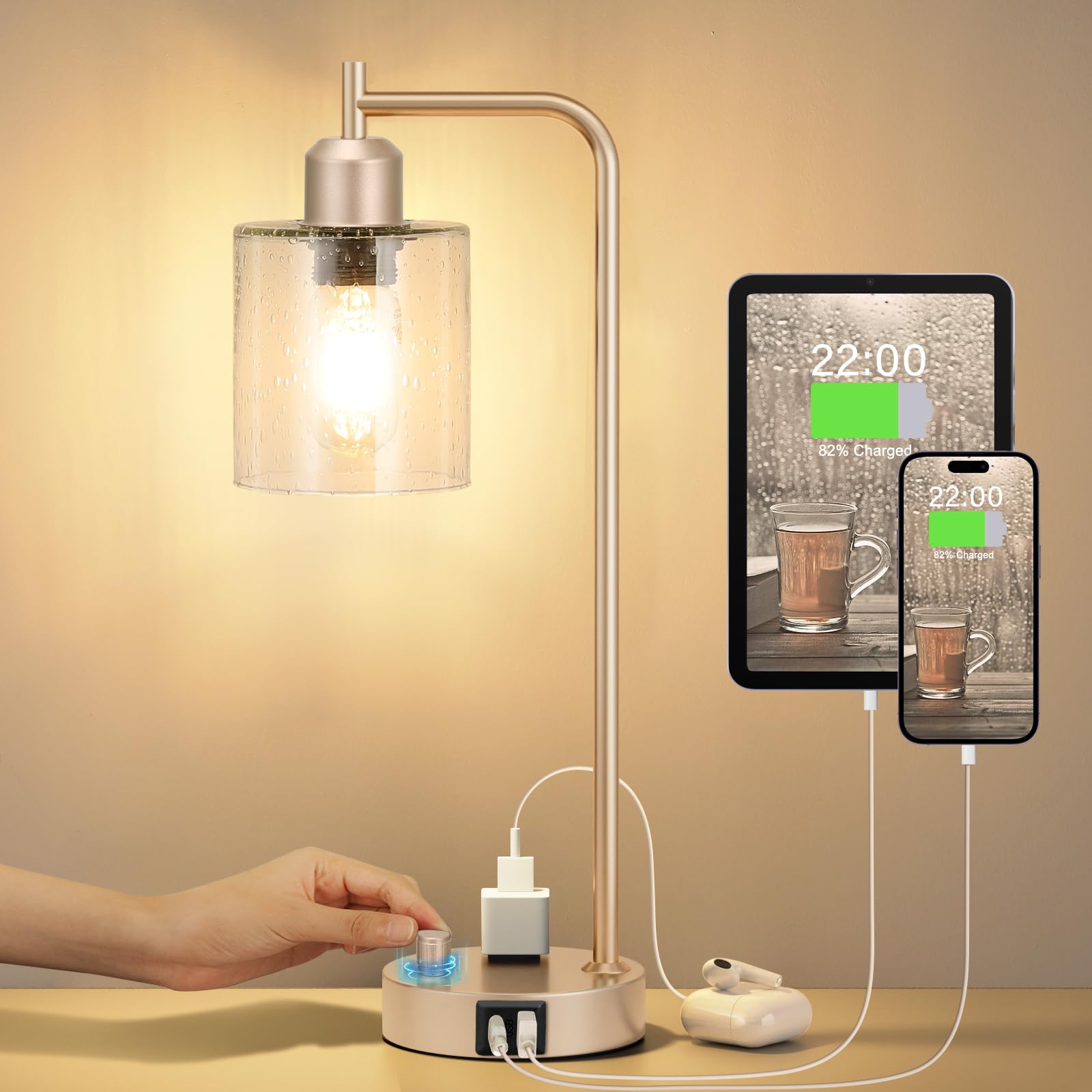 Industrial Bedside Table Lamp for Bedroom - Nightstand Lamps with USB C Charging Port, Fully Dimmable Black Ports and Outlets, Small Desk Glass Shade Office Living Room