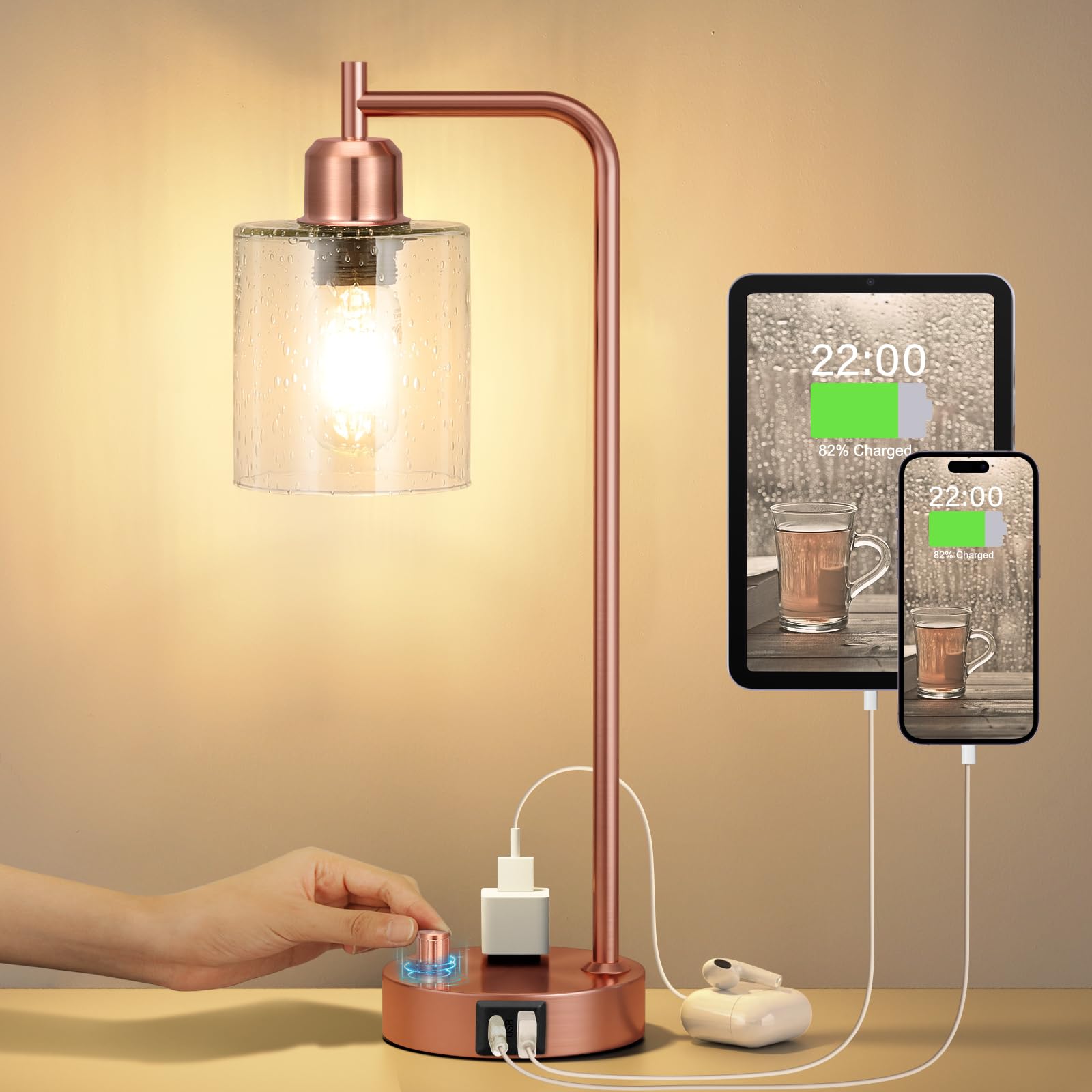 Industrial Bedside Table Lamp for Bedroom - Nightstand Lamps with USB C Charging Port, Fully Dimmable Black Ports and Outlets, Small Desk Glass Shade Office Living Room