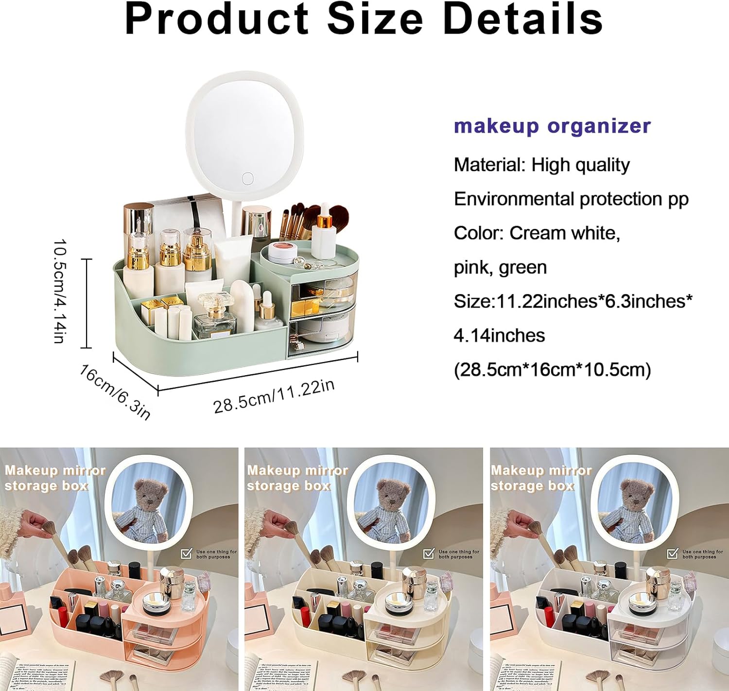 DASITON Makeup Organizer with Rechargeable Mirror,Makeup Brush Holder with 2 Drawers,Skincare and Cosmetics Organizer Countertop,Large Capacity Cosmetic Display Case for Vanity,Bedroom,Bathroom(Green)