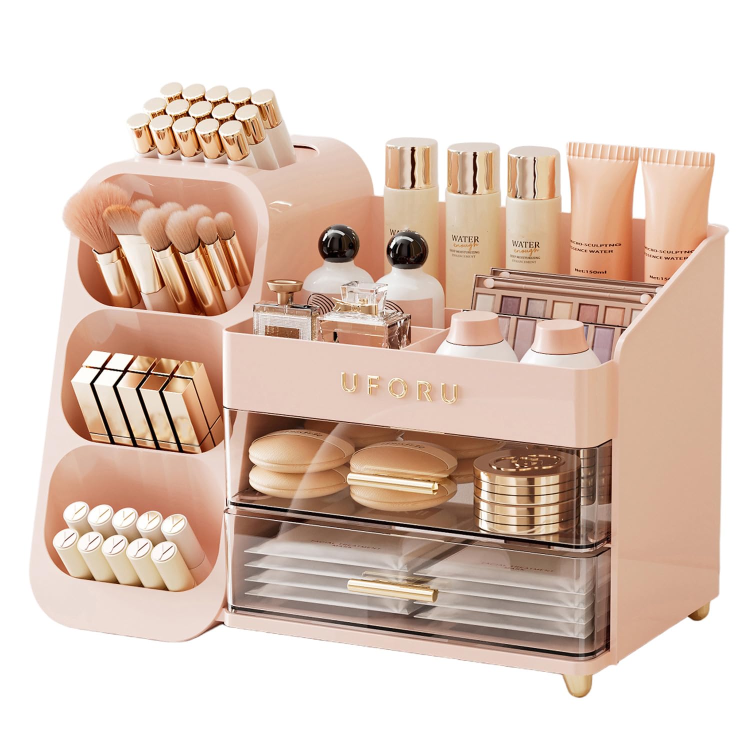 UFORU Makeup Organizer for Vanity with Brush Holder, Large Capacity Bathroom Countertop Skincare Organizer with 2 Drawers, Cosmetic Display Case for Perfumes, Eyeshadow Palettes, Nail Polishes