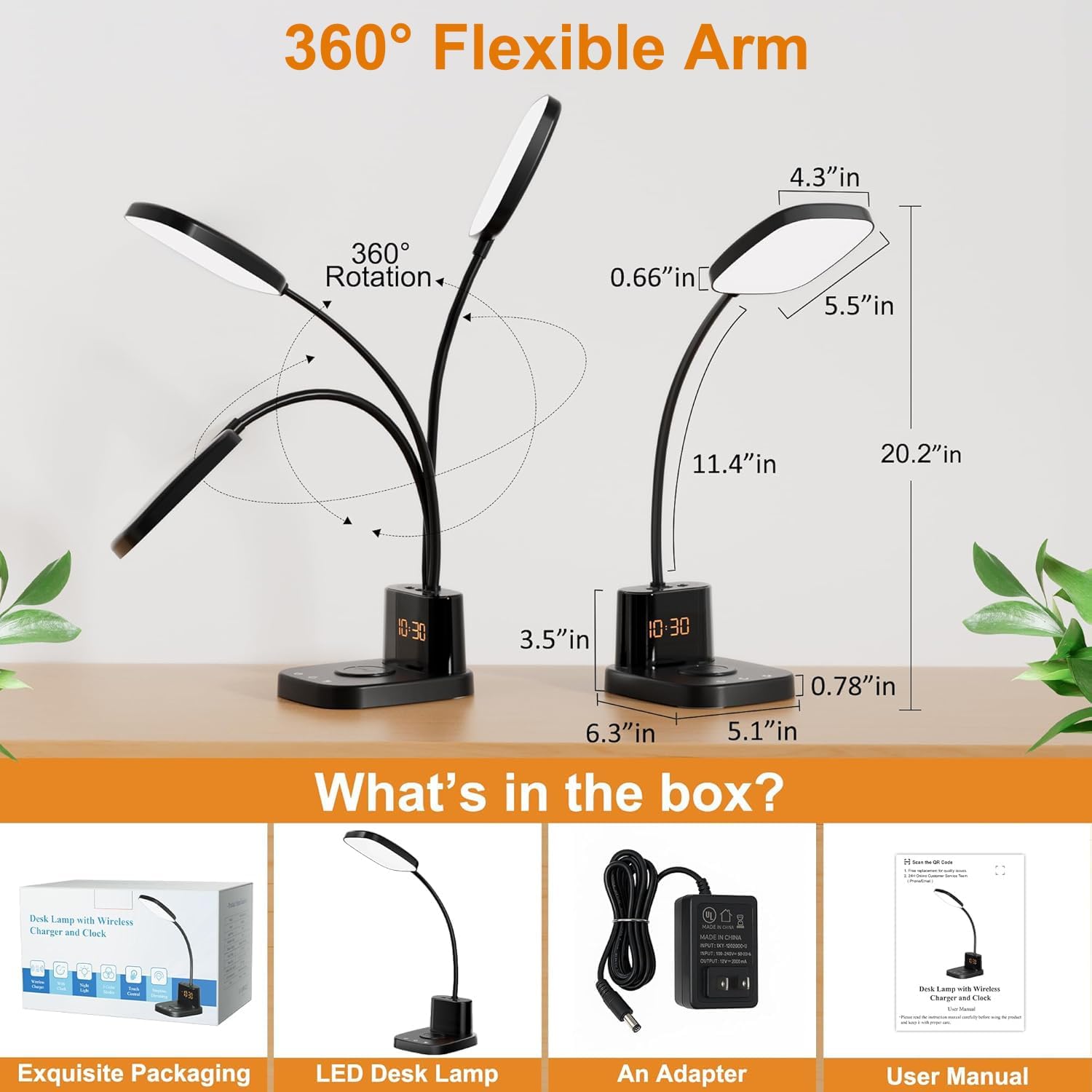 Desk Lamp, Bedside Table Lamps with Wireless Charger and Clock, 30Mins Auto-Off Night Light Lamp, 3 Color Modes Dimmable Touch 800LM CRI 95, LED Desk Lamps for Home Office, Adapter Included
