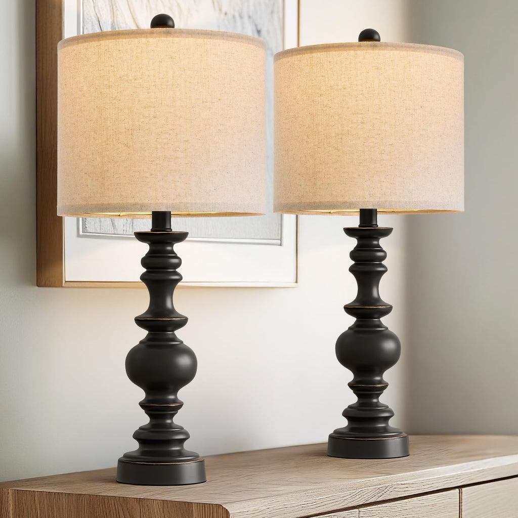 Set of 2 Rustic Farmhouse Linen Table Lamps for Bedroom & Living Room Decor