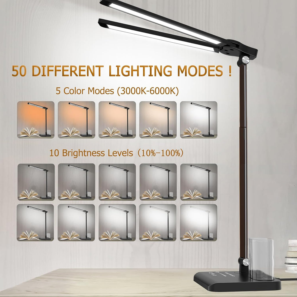 CHARYJOD Retractable Dimmable LED Desk Lamp with USB Charging Port, 50 Lighting Modes Dual Swing Arm Architect Adjustable Table Lamp Light Desk Lamp for Home Office Dorm Piano Nail, Black