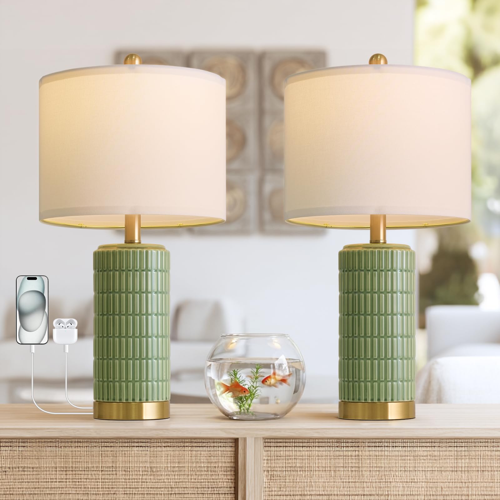 PoKat 20.75" Small Modern Ceramic Table Lamps Set of 2 for Bedroom, White Bedside Lamps for Night Stands, Farmhouse Desk Decor Gift Nightstand Table Lamps for Living Room End Table Beige