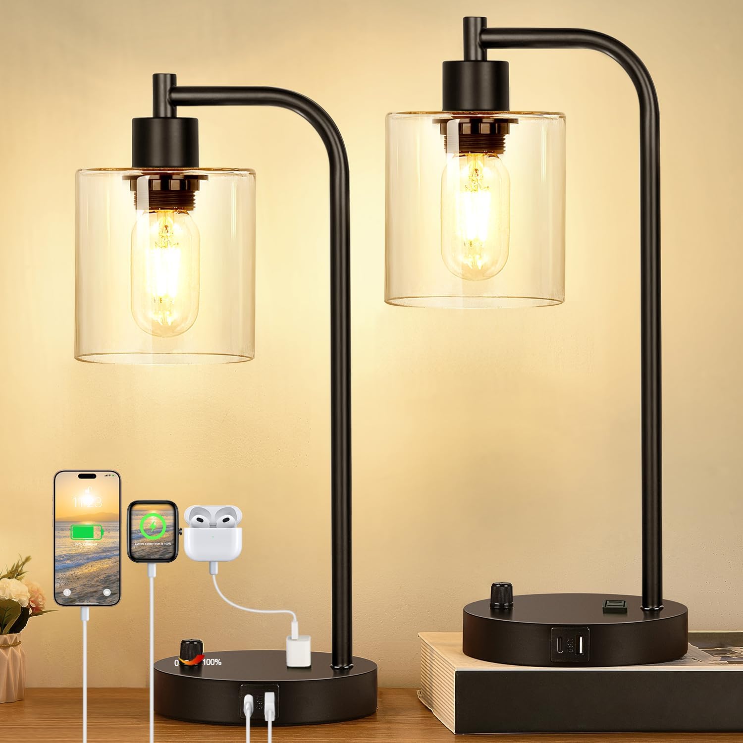 Set of 2 Industrial Table Lamps with USB C+A Ports and Outlet, Fully Stepless Dimmable Bedside Lamps for Bedrooms, Nightstand Desk Lamp with Glass Shade for Reading Living Room Office (Bulbs Included)