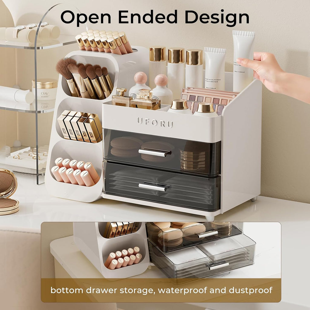 UFORU Makeup Organizer for Vanity with Brush Holder, Large Capacity Bathroom Countertop Skincare Organizer with 2 Drawers, Cosmetic Display Case for Perfumes, Eyeshadow Palettes, Nail Polishes