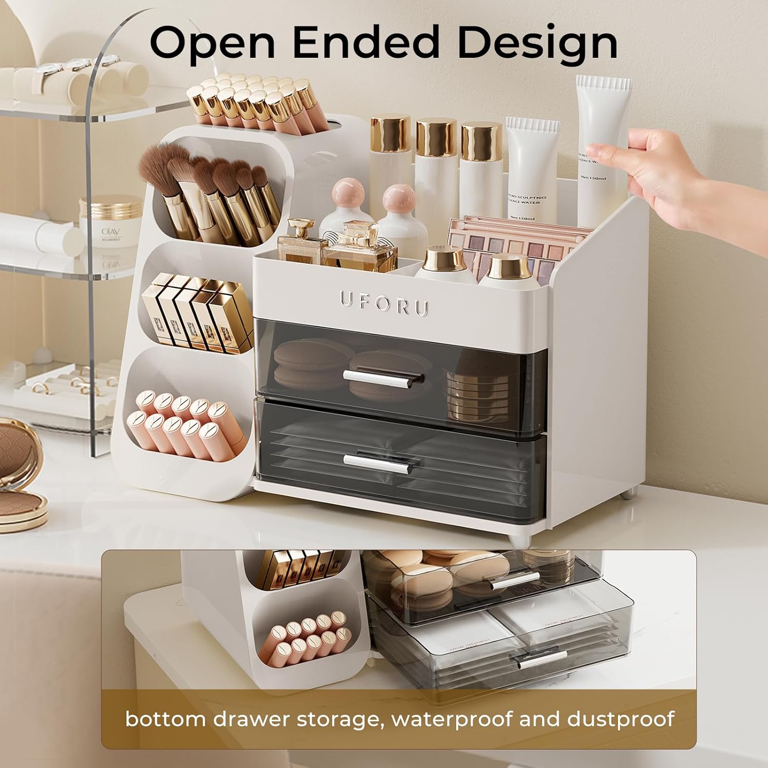 UFORU Makeup Organizer for Vanity with Brush Holder, Large Capacity Bathroom Countertop Skincare Organizer with 2 Drawers, Cosmetic Display Case for Perfumes, Eyeshadow Palettes, Nail Polishes
