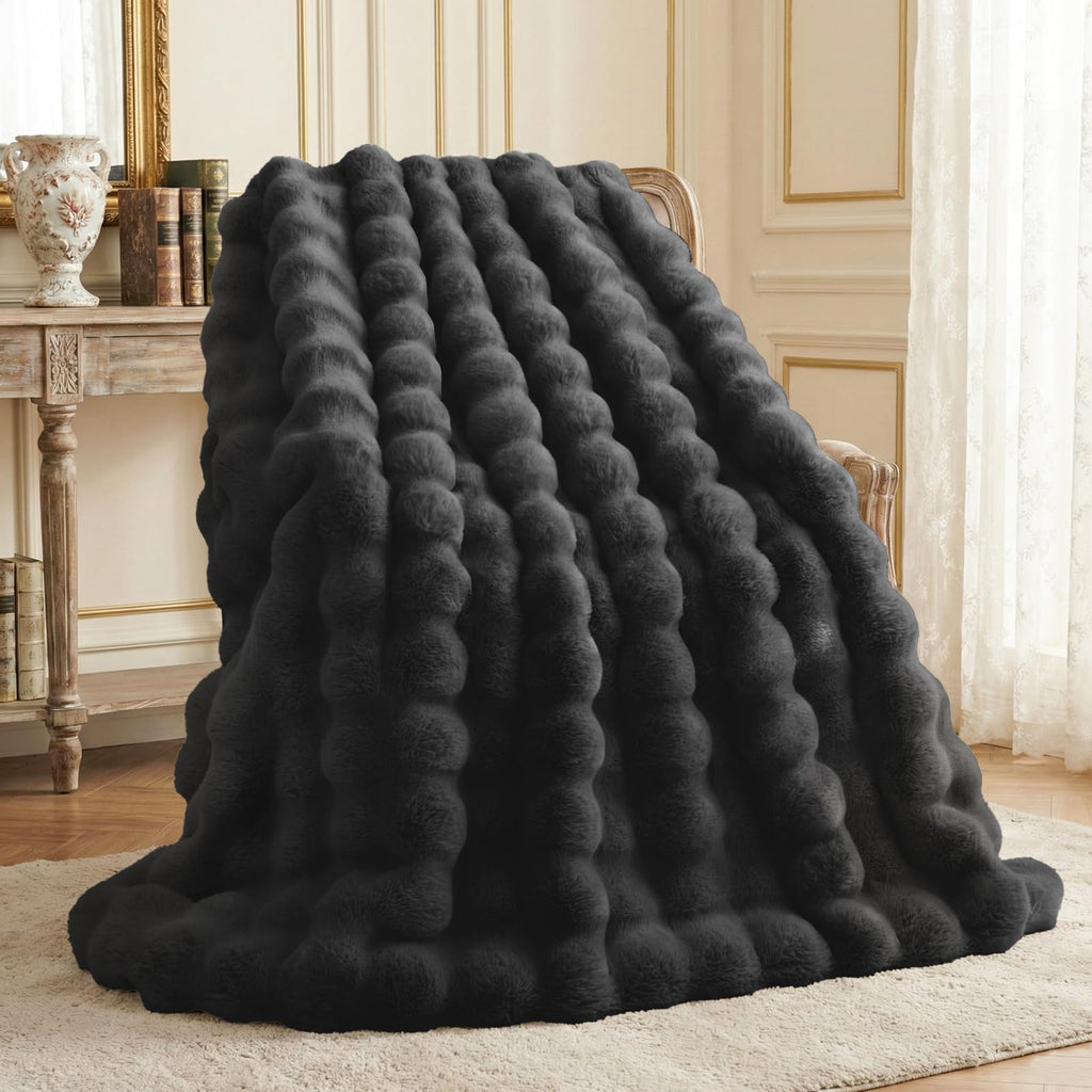 L'AGRATY Faux Rabbit Fur Blanket: 50" x 60" Luxury Soft Fluffy Thick Fur Throw Blanket for Couch Bed Sofa - Cozy Plush Bubble Blankets for Winter: Warm Flannel Fleece Decorative Blanket(Almond White)
