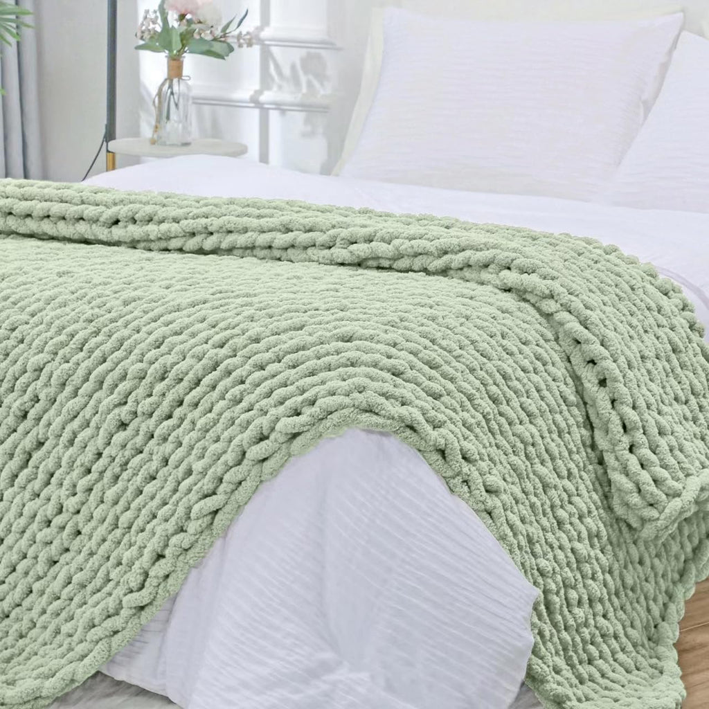 40×60" Beige Hand Knit Jumbo Chenille Chunky Knit Throw Blanket for Sofa & Bed