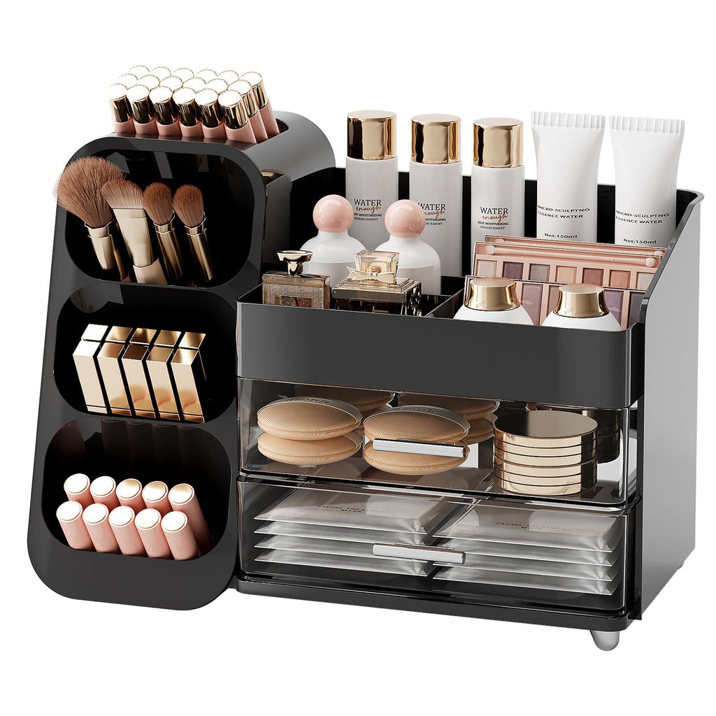 UFORU Makeup Organizer for Vanity with Brush Holder, Large Capacity Bathroom Countertop Skincare Organizer with 2 Drawers, Cosmetic Display Case for Perfumes, Eyeshadow Palettes, Nail Polishes