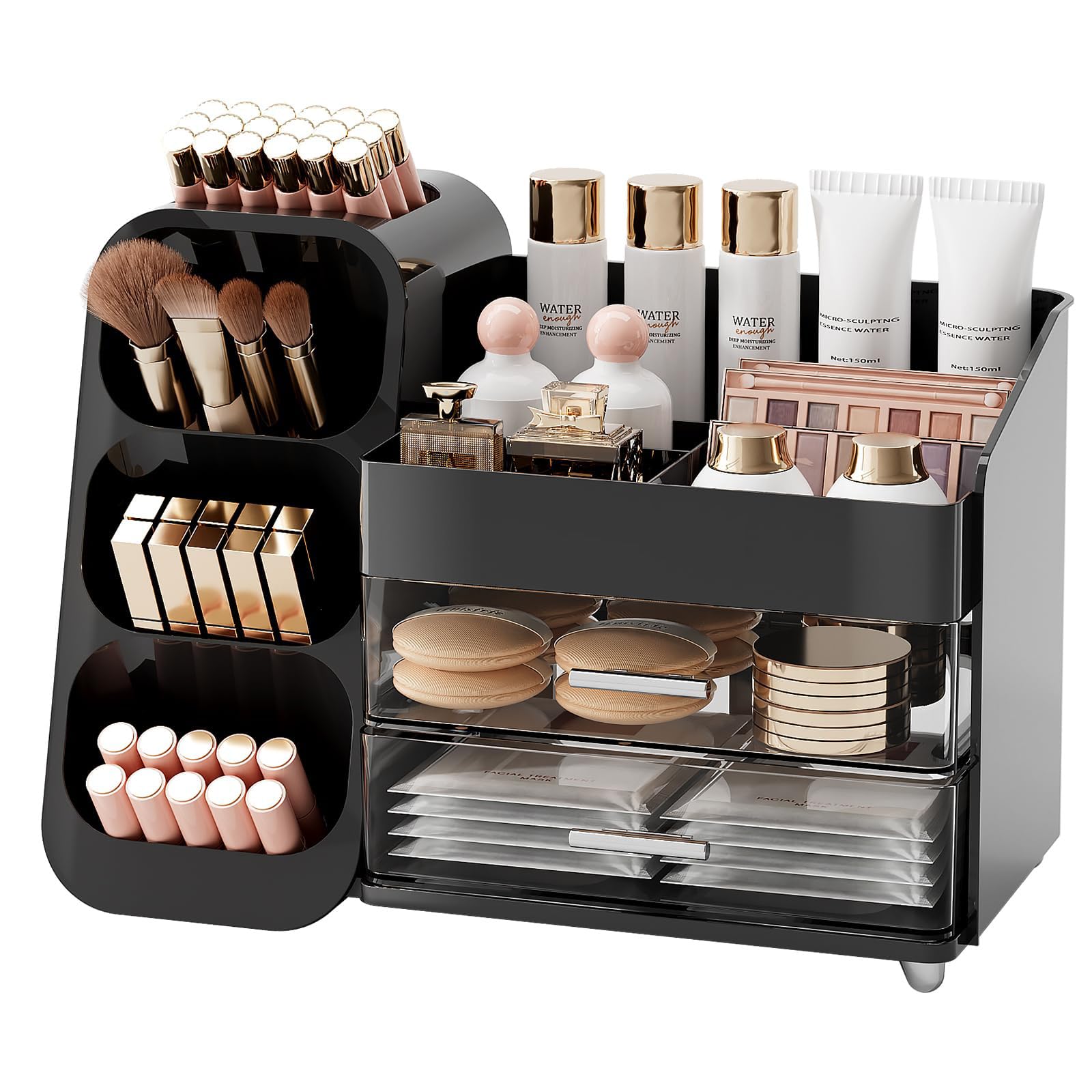 UFORU Makeup Organizer for Vanity with Brush Holder, Large Capacity Bathroom Countertop Skincare Organizer with 2 Drawers, Cosmetic Display Case for Perfumes, Eyeshadow Palettes, Nail Polishes