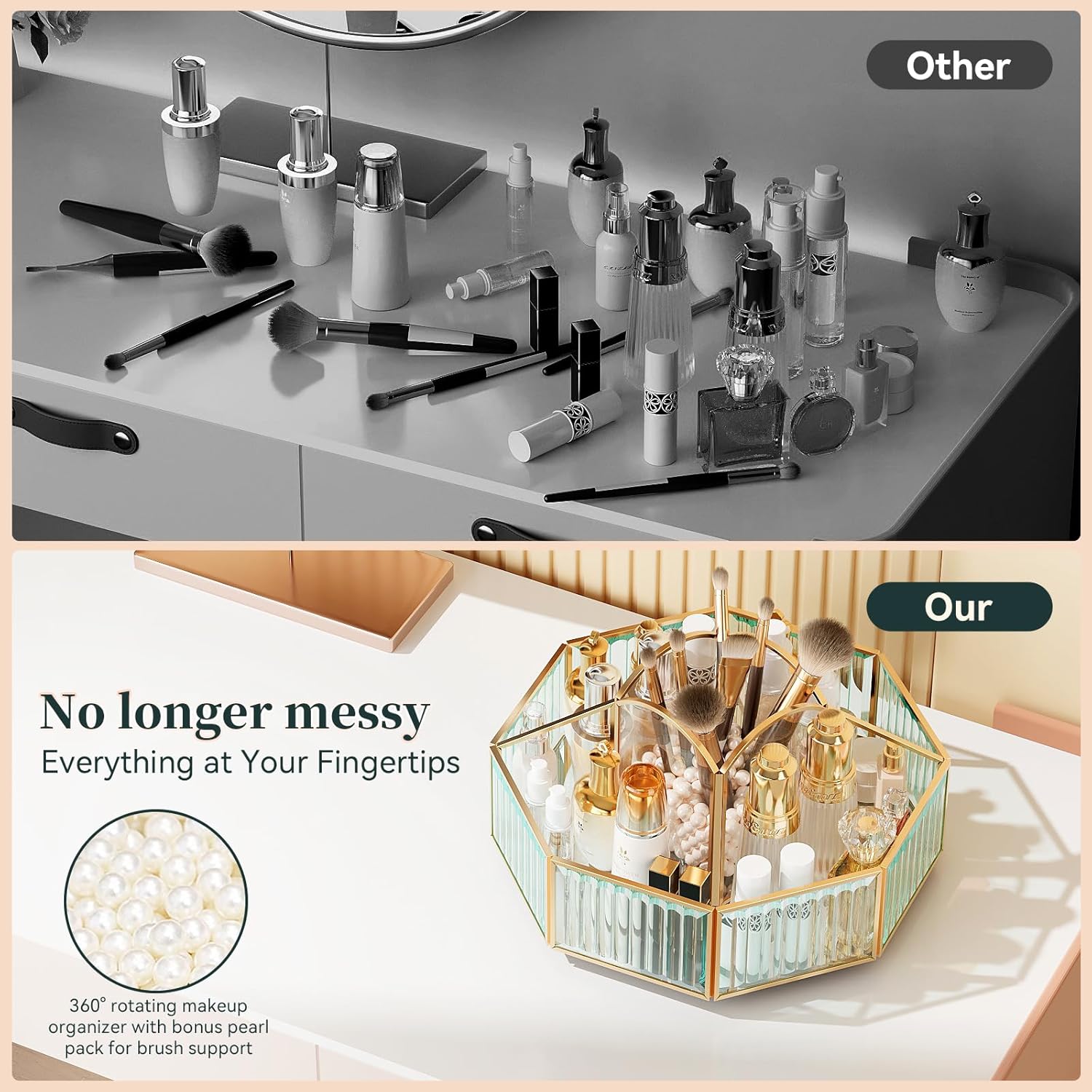 CoralHouse 360° Rotating Makeup Organizer Spinning Vanity Organizer with Makeup Brush Holder for Countertop, Bathroom Storage, Skincare, Perfume & Cosmetic Organizer for Vanity