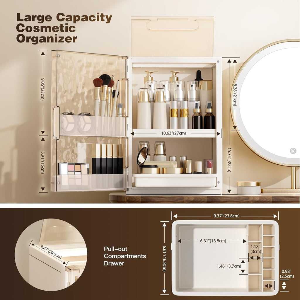 Makeup Organizer with Drawers,Skincare Organizer for Vanity,Large Cosmetic Display Case with Handle,Storage Organizers with Cover and Makeup Brush Holder for Dresser, Bathroom Countertop