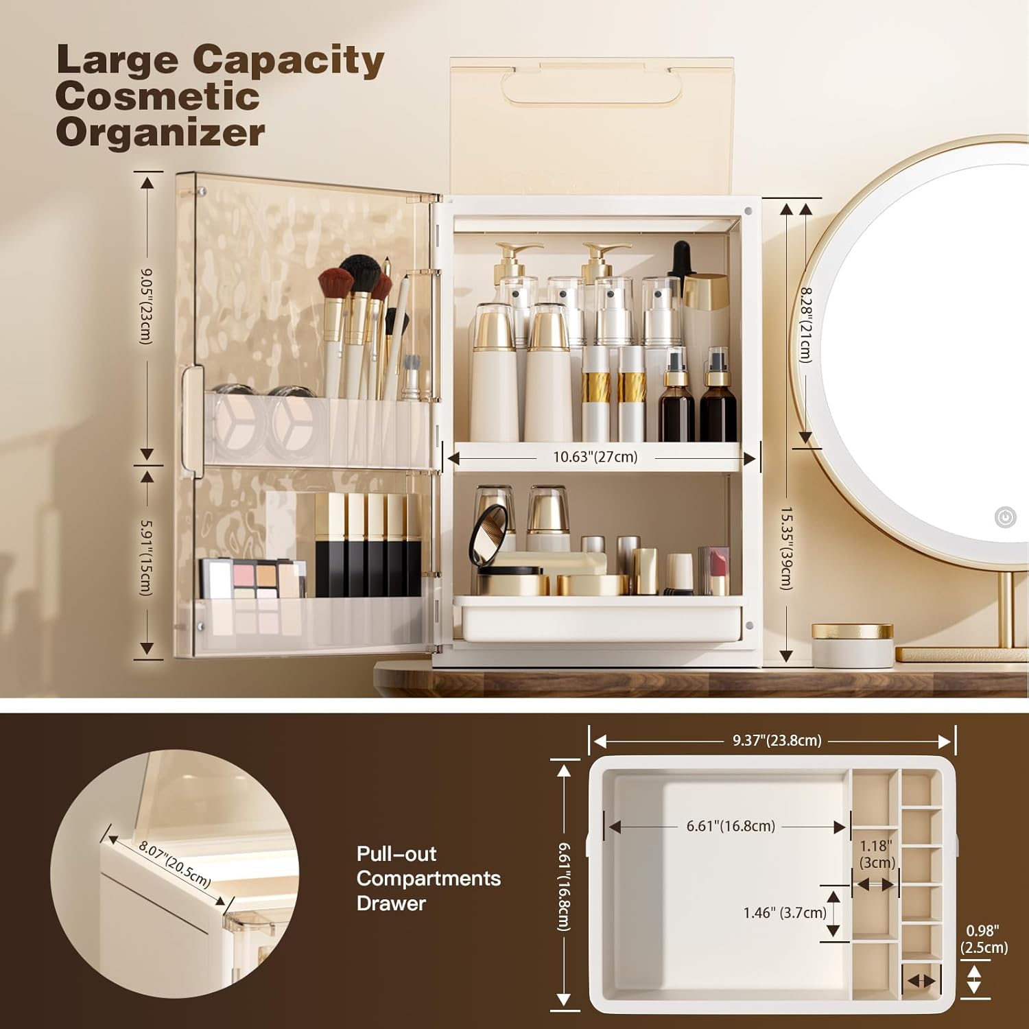 Makeup Organizer with Drawers,Skincare Organizer for Vanity,Large Cosmetic Display Case with Handle,Storage Organizers with Cover and Makeup Brush Holder for Dresser, Bathroom Countertop