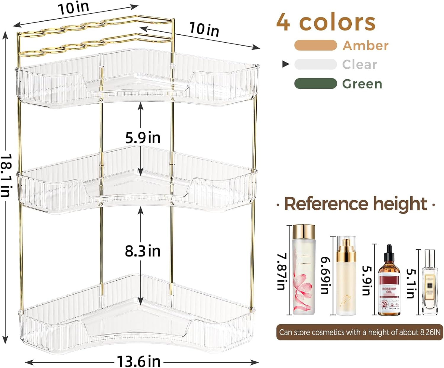 BEFSOP Corner Bathroom Counter Organizer, Upgraded 3-Tier Makeup Organizer Countertop with Makeup Brush Holder, Skincare Exquisite Vanity Organizers Countertop Bathroom Storage Dresser(CLEAR)