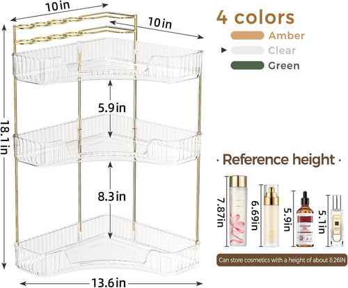 BEFSOP Corner Bathroom Counter Organizer, Upgraded 3-Tier Makeup Organizer Countertop with Makeup Brush Holder, Skincare Exquisite Vanity Organizers Countertop Bathroom Storage Dresser(CLEAR)