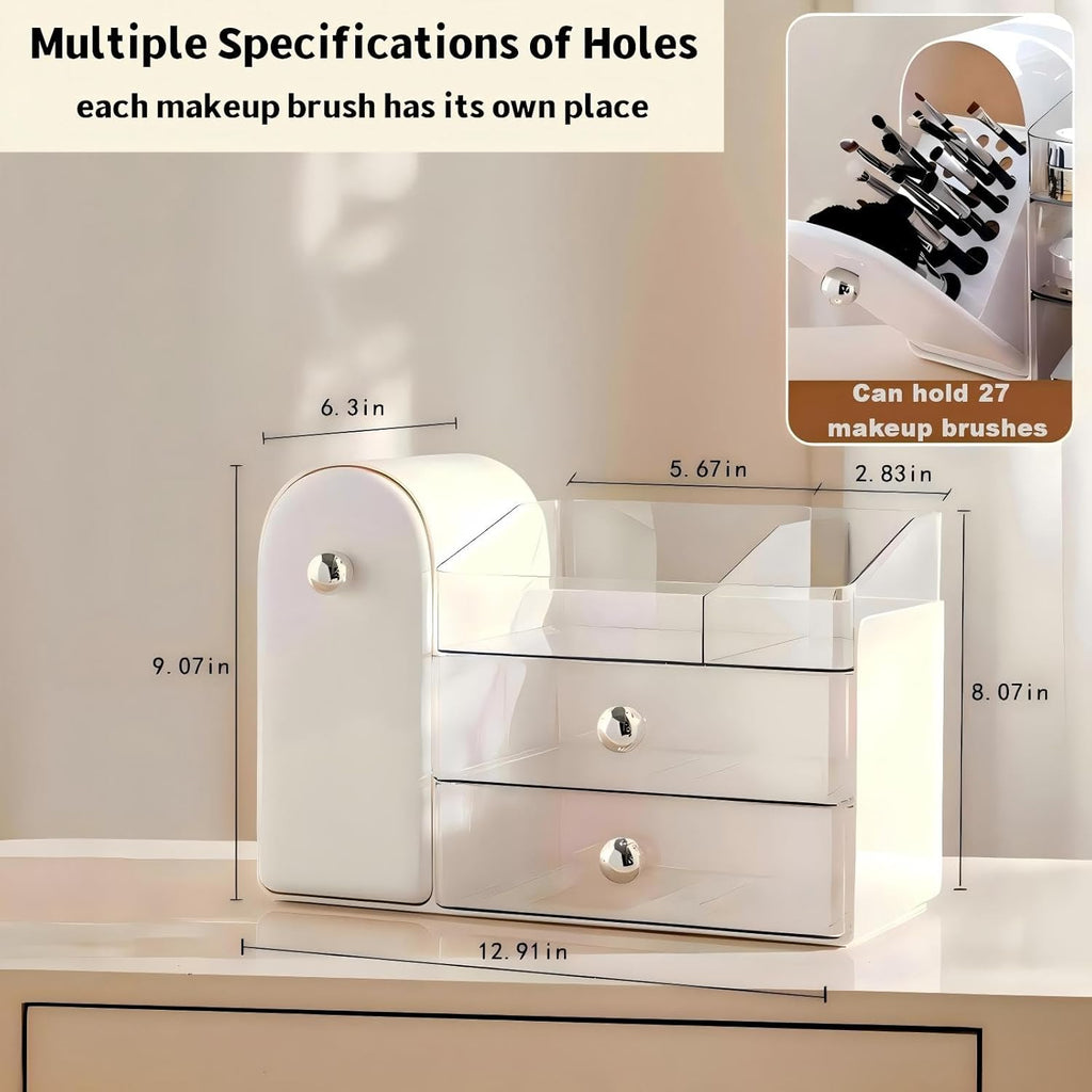 Makeup Organizer for Vanity with Covered Brush Holder，Bathroom Organizers with Drawer，Skin Care Organizer，Makeup Organizers for Vanity with Drawer，Large Makeup Storage for Dresser, White