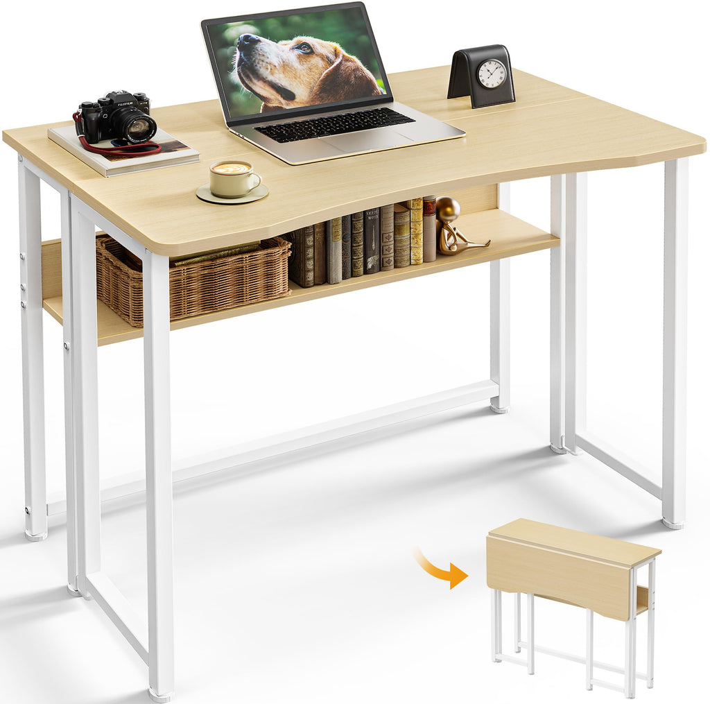 Huuger Folding Desk with Storage Shelf, 31.5 Inch Foldable Computer Table for Small Spaces, Space Saving Sofa Table for Couch, Writing Work Office Computer Desk, Easy to Fold, Rustic Brown