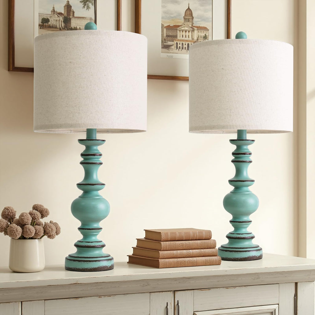 Set of 2 Rustic Farmhouse Linen Table Lamps for Bedroom & Living Room Decor