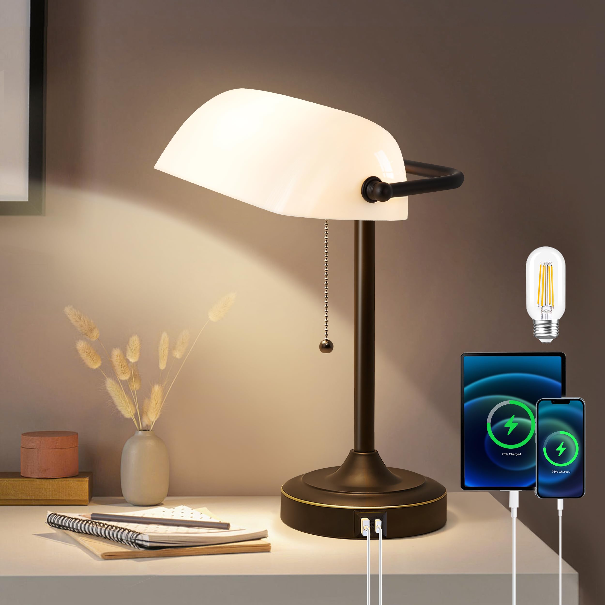 Vintage Desk Lamp Bankers Lamp - Plastic Lampshade Retro Table Lamp with USB & Type C Charging Ports Traditional Library Lamp for Home Office Nightstand Bedroom Side Table Lamp(T45 Bulb Included)