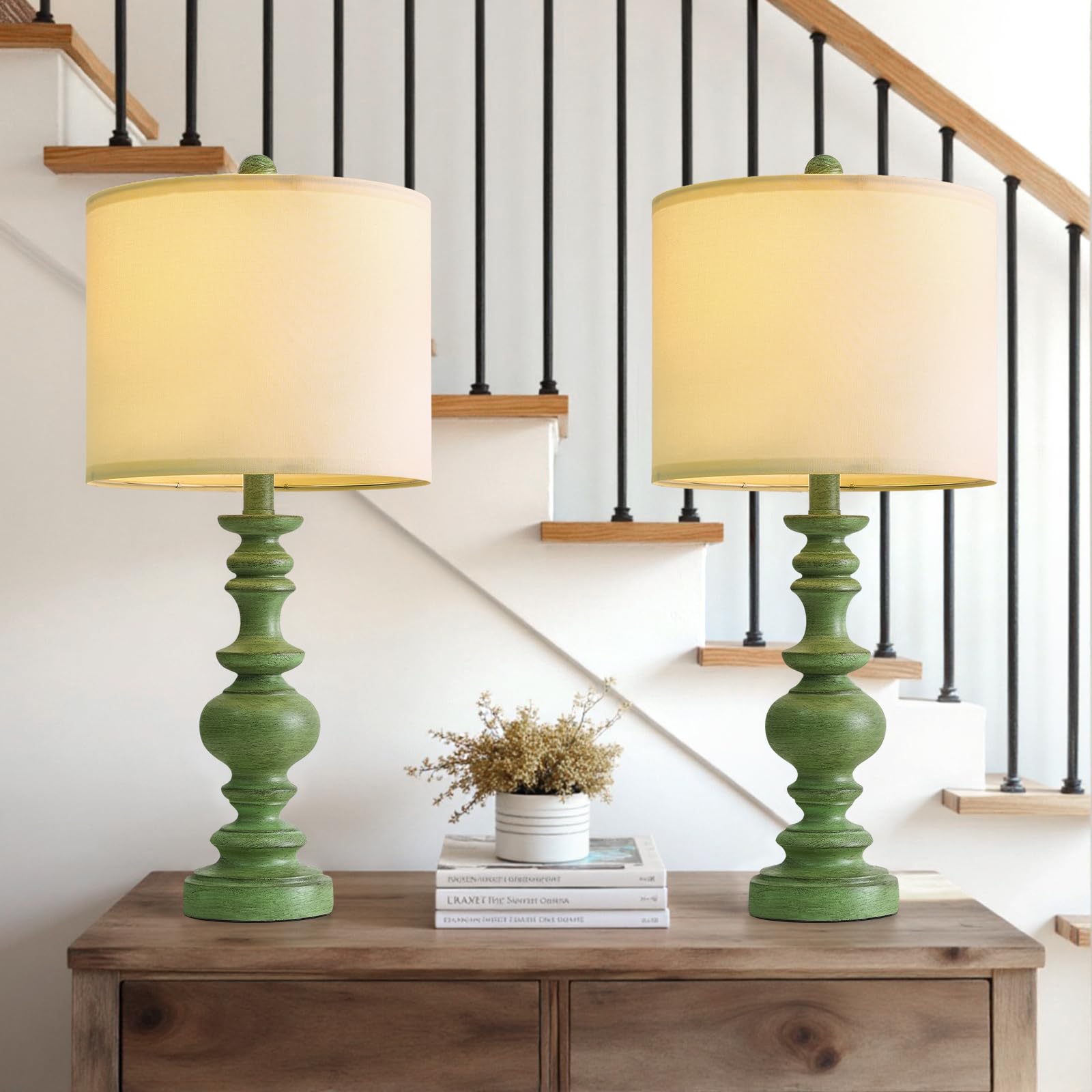 Set of 2 Rustic Farmhouse Linen Table Lamps for Bedroom & Living Room Decor