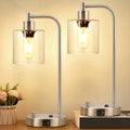 Set of 2 Industrial Table Lamps with USB C+A Ports and Outlet, Fully Stepless Dimmable Bedside Lamps for Bedrooms, Nightstand Desk Lamp with Glass Shade for Reading Living Room Office (Bulbs Included)