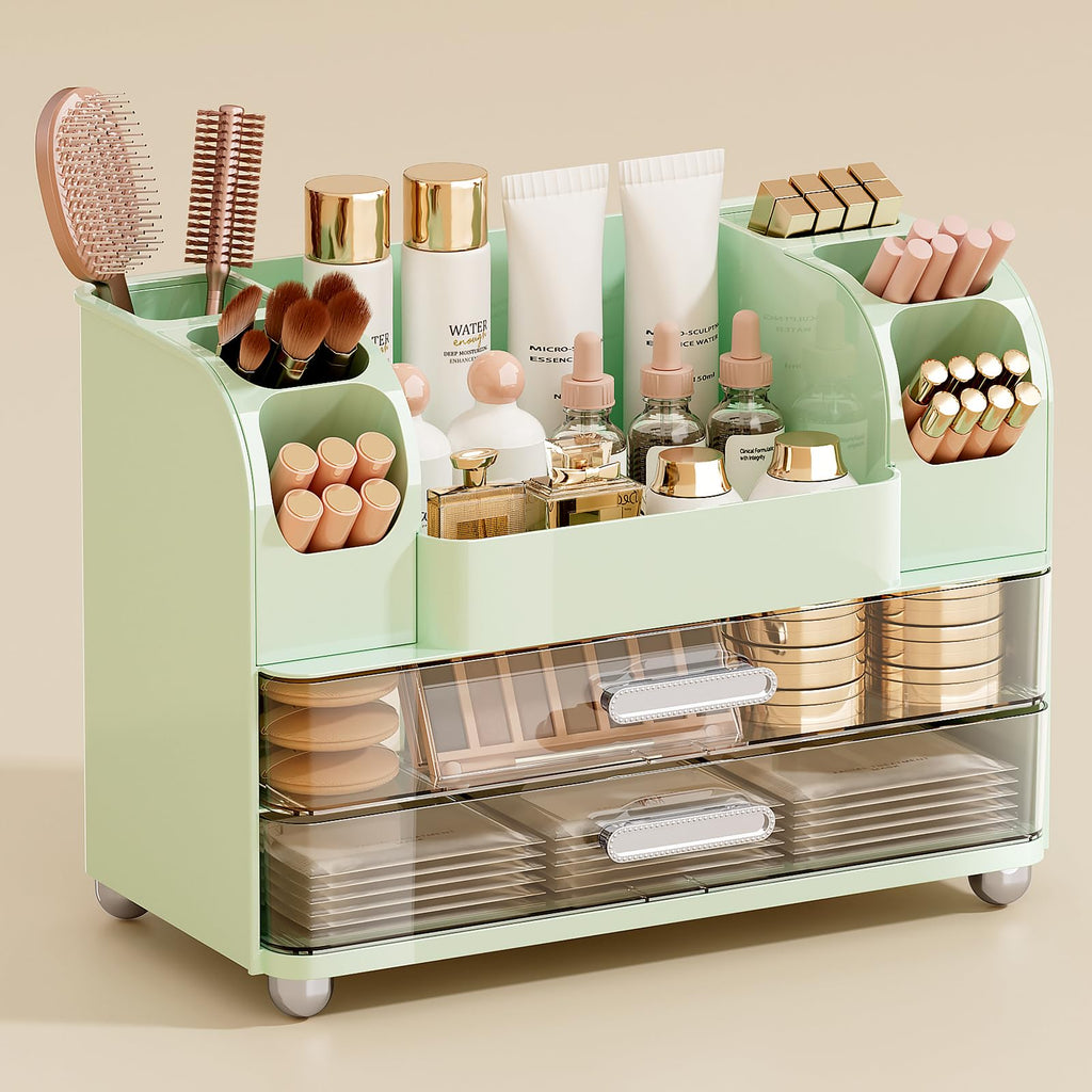 UFORU Makeup Organizer for Vanity with 2 Large Drawers, Cosmetic Display Case with Brush Holders, Easy to Storage for Bathroom Countertop Skincare, Perfume, White