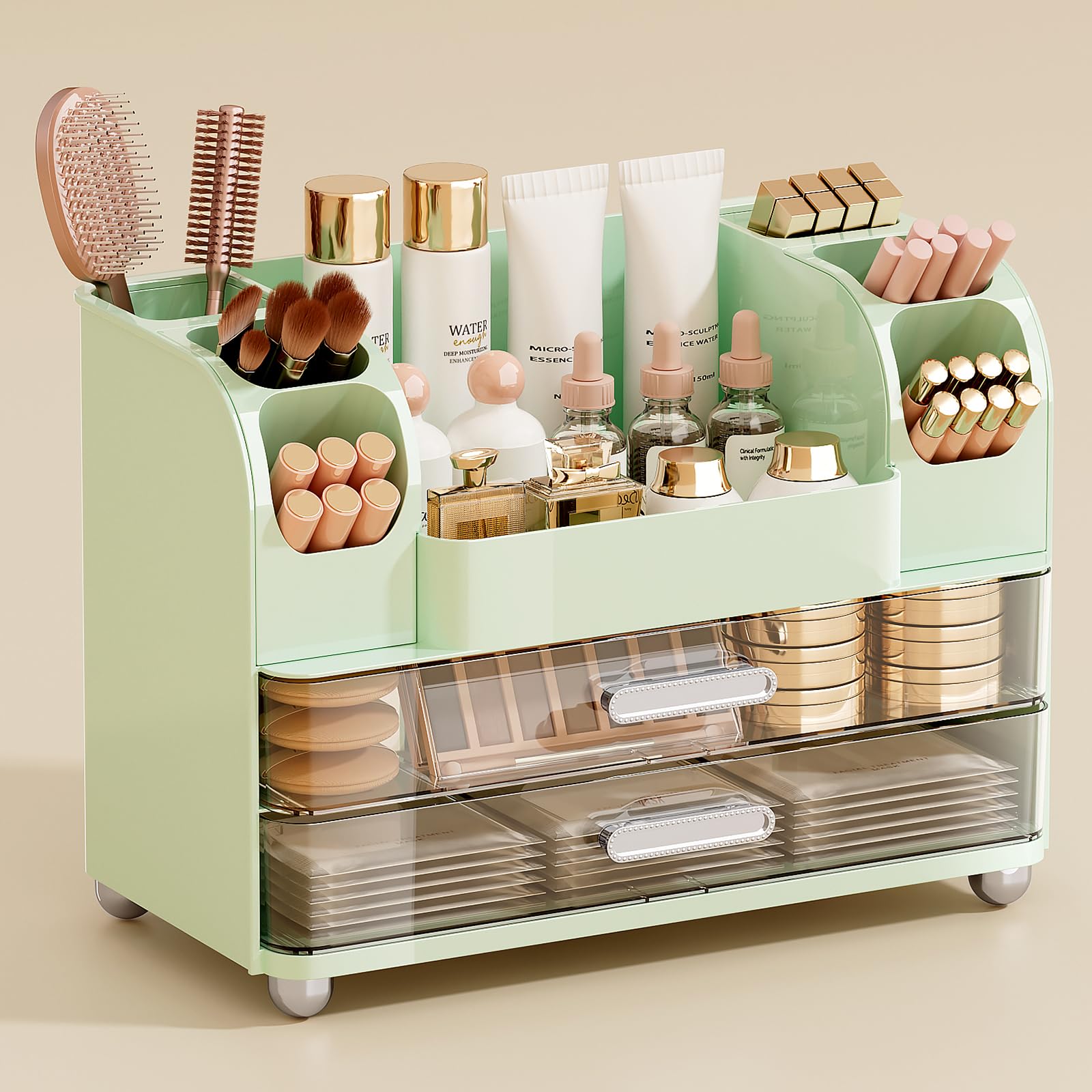 UFORU Makeup Organizer for Vanity with 2 Large Drawers, Cosmetic Display Case with Brush Holders, Easy to Storage for Bathroom Countertop Skincare, Perfume, White