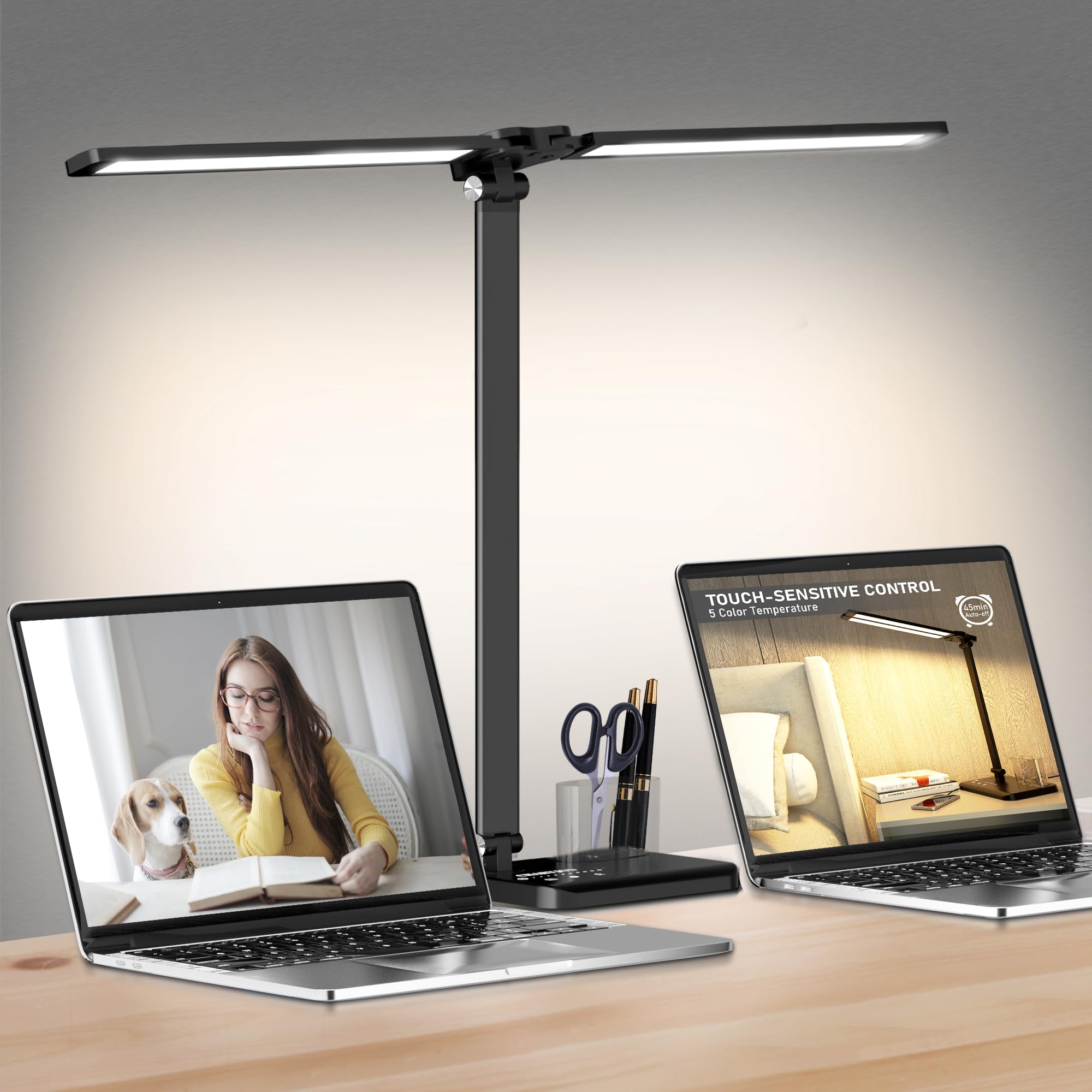 CHARYJOD Retractable Dimmable LED Desk Lamp with USB Charging Port, 50 Lighting Modes Dual Swing Arm Architect Adjustable Table Lamp Light Desk Lamp for Home Office Dorm Piano Nail, Black