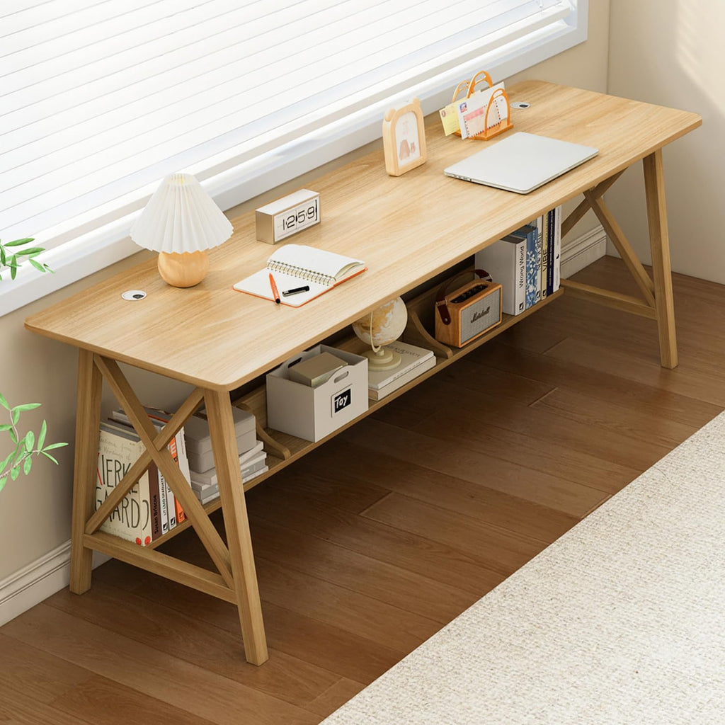 NELYE Extra Long Desk with Bookshelf - Wooden Home Office Work Study Table, Writing Computer Workstation with Storage Shelf in Walnut, 55" Wx20 Dx30 H