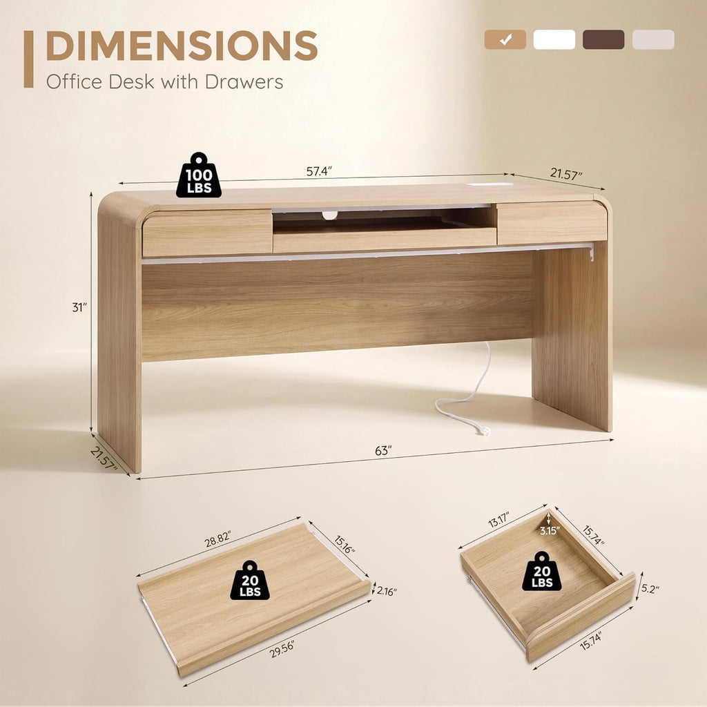 Natural 63" Modern Wood Computer Desk with Drawers, Keyboard Tray & Power Outlet for Home Office