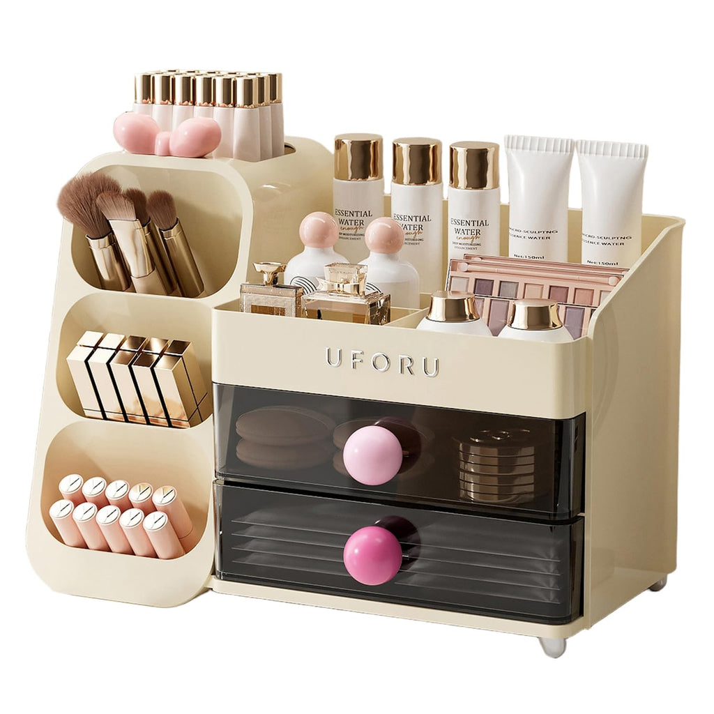 UFORU Makeup Organizer for Vanity with Brush Holder, Large Capacity Bathroom Countertop Skincare Organizer with 2 Drawers, Cosmetic Display Case for Perfumes, Eyeshadow Palettes, Nail Polishes