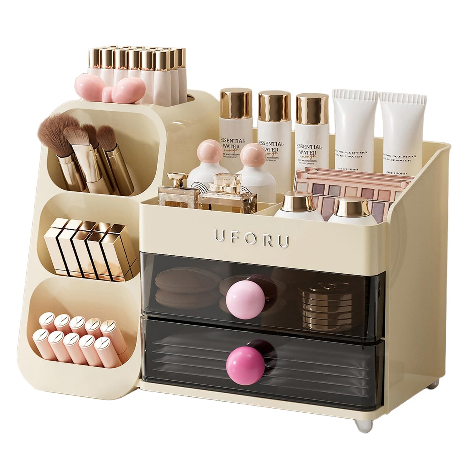 UFORU Makeup Organizer for Vanity with Brush Holder, Large Capacity Bathroom Countertop Skincare Organizer with 2 Drawers, Cosmetic Display Case for Perfumes, Eyeshadow Palettes, Nail Polishes