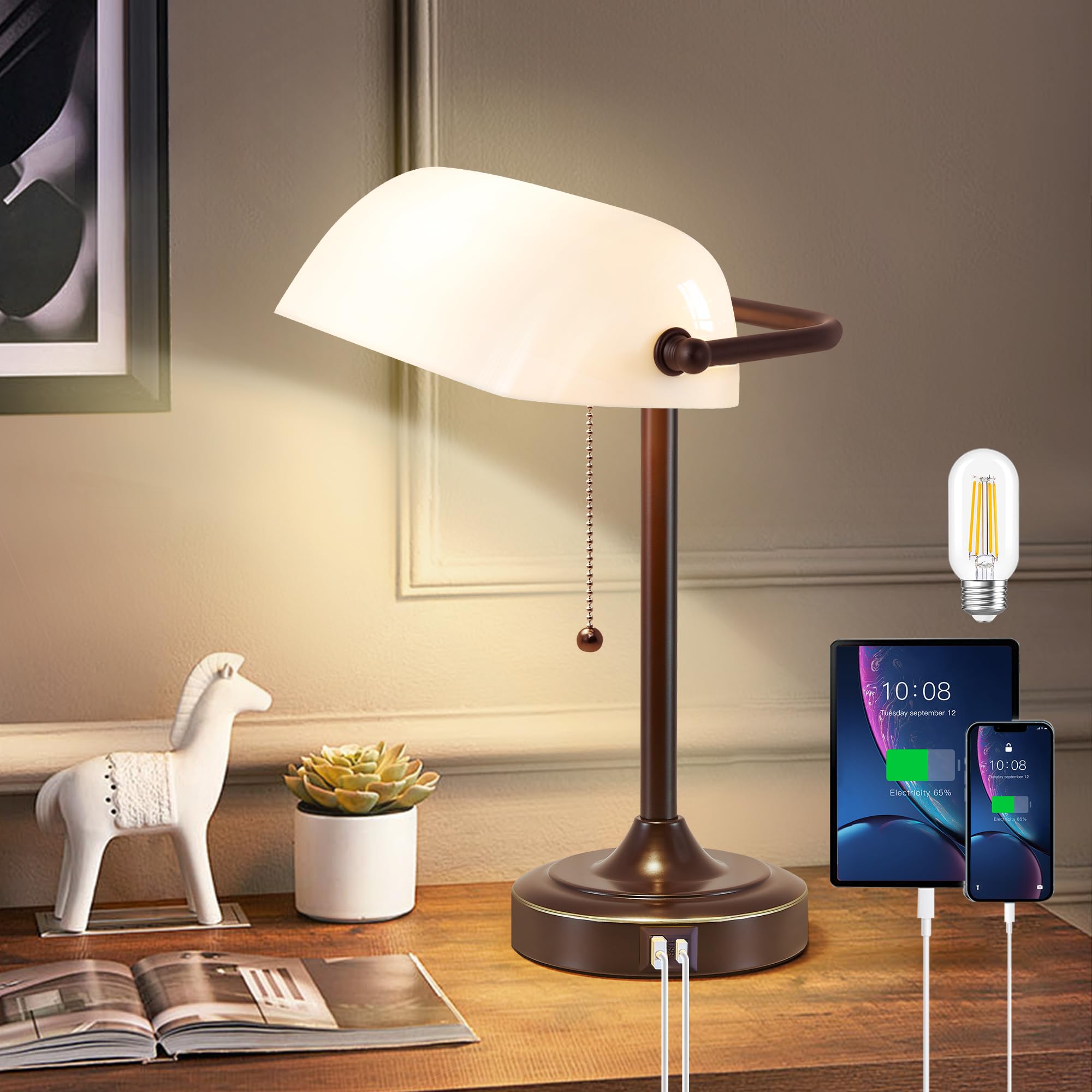 Vintage Desk Lamp Bankers Lamp - Plastic Lampshade Retro Table Lamp with USB & Type C Charging Ports Traditional Library Lamp for Home Office Nightstand Bedroom Side Table Lamp(T45 Bulb Included)