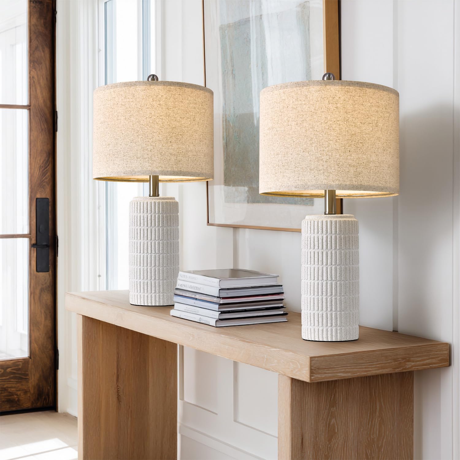 PoKat 20.75" Small Modern Ceramic Table Lamps Set of 2 for Bedroom, White Bedside Lamps for Night Stands, Farmhouse Desk Decor Gift Nightstand Table Lamps for Living Room End Table Beige