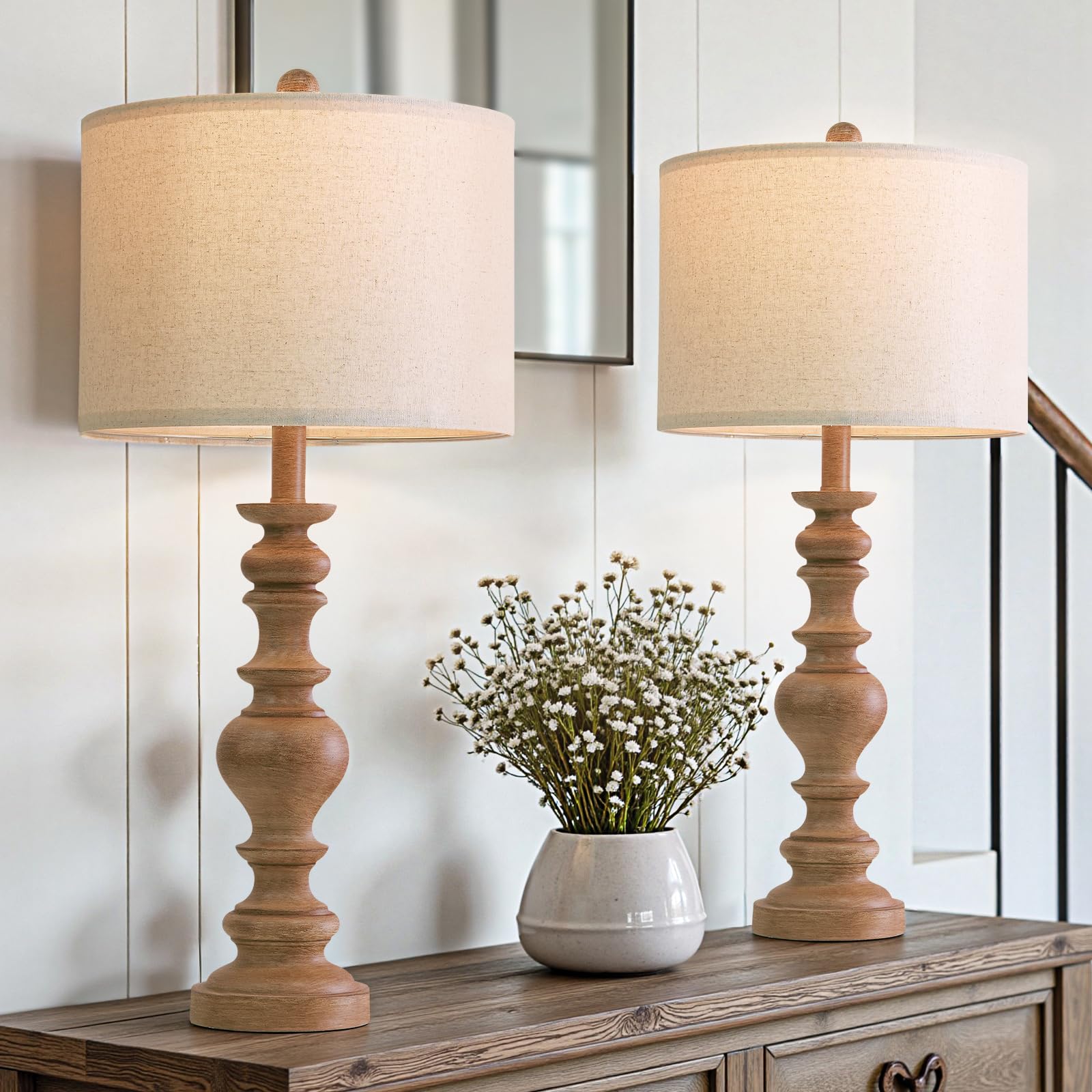Set of 2 Rustic Farmhouse Linen Table Lamps for Bedroom & Living Room Decor