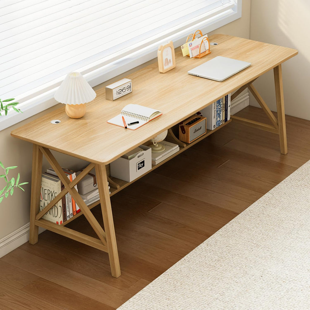 NELYE Extra Long Desk with Bookshelf - Wooden Home Office Work Study Table, Writing Computer Workstation with Storage Shelf in Walnut, 55" Wx20 Dx30 H