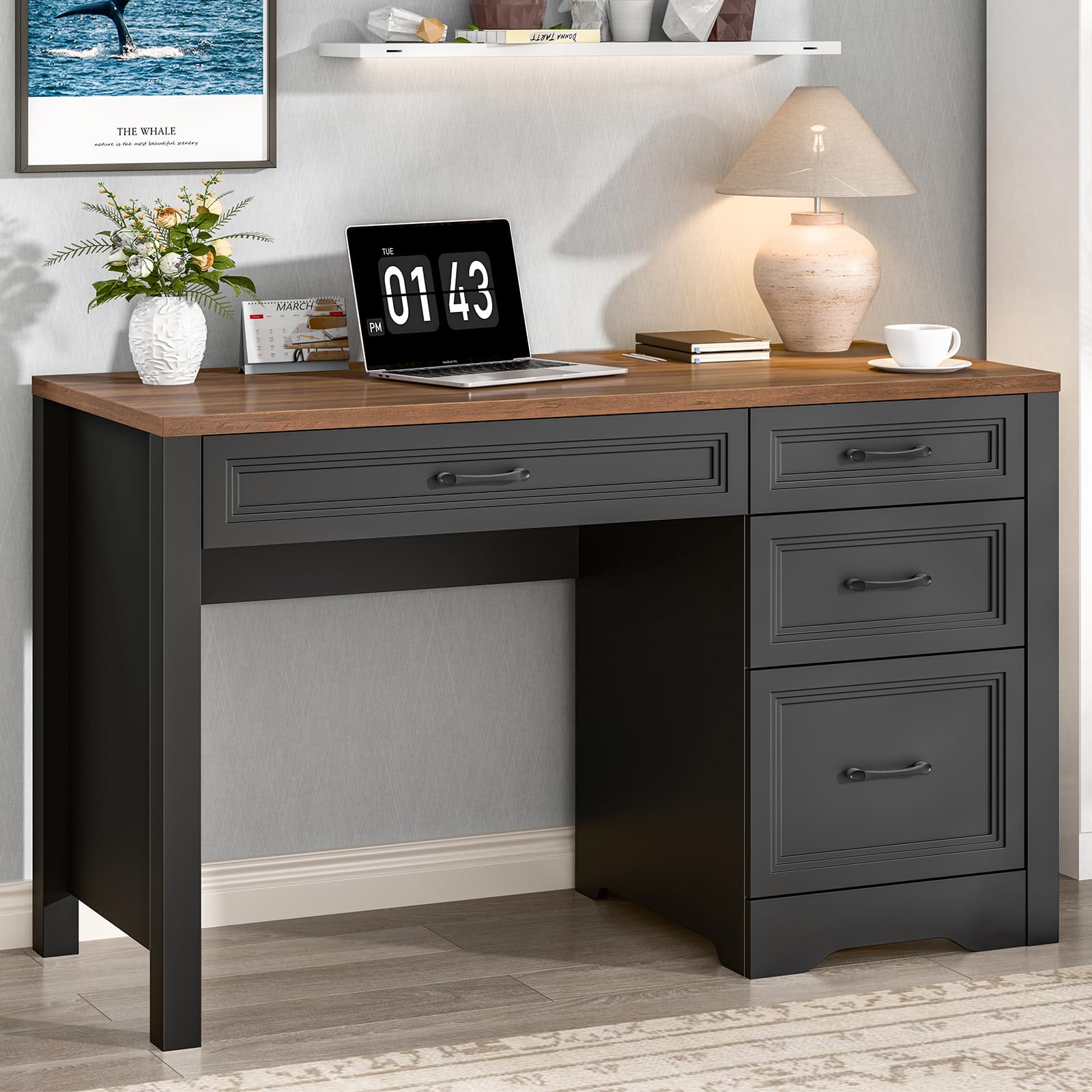 Vabches Farmhouse Executive Desk with Storage and Ample File Drawer, Rustic Large Home Writing Desk for Bedroom, White