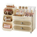 UFORU Makeup Organizer for Vanity with Brush Holder, Large Capacity Bathroom Countertop Skincare Organizer with 2 Drawers, Cosmetic Display Case for Perfumes, Eyeshadow Palettes, Nail Polishes