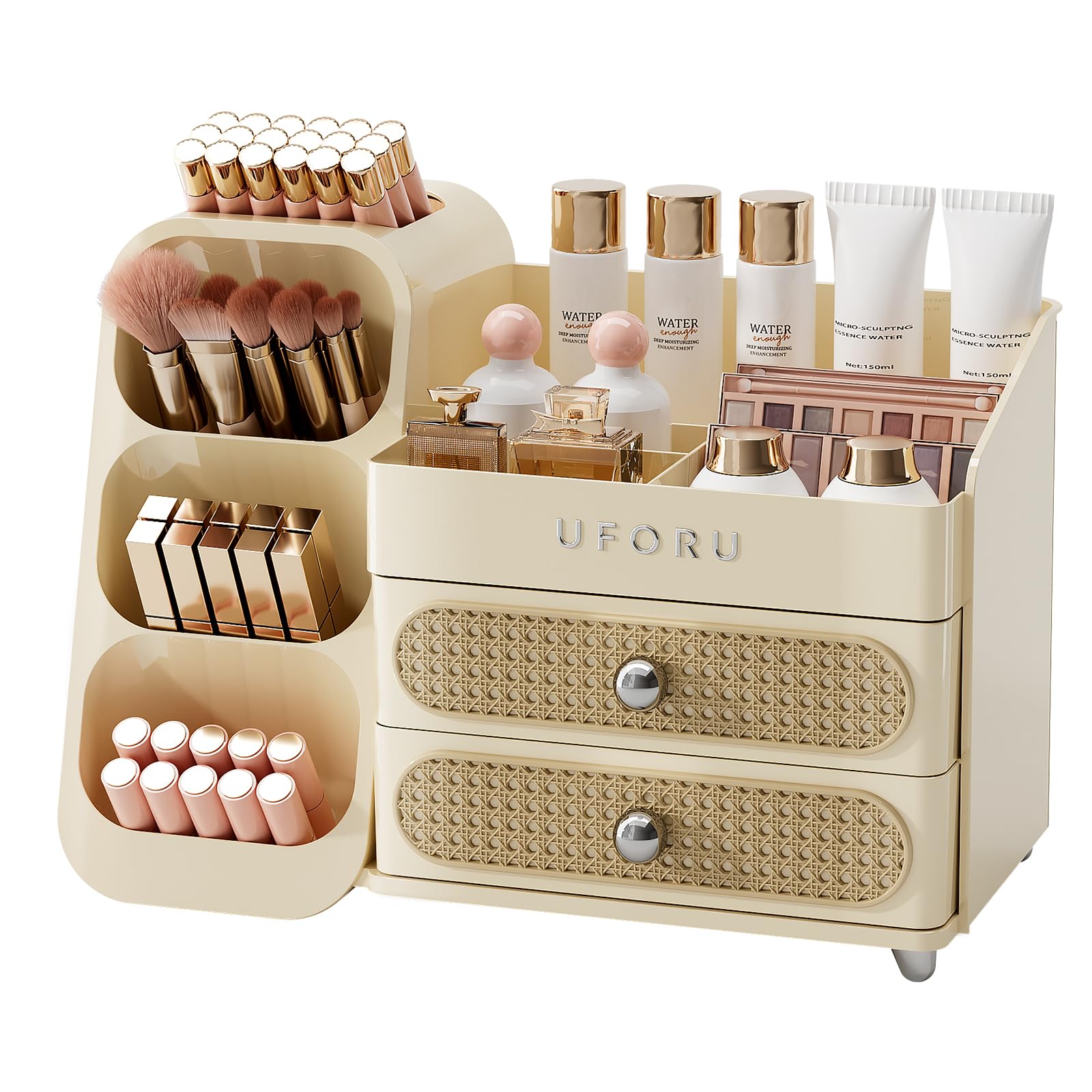 UFORU Makeup Organizer for Vanity with Brush Holder, Large Capacity Bathroom Countertop Skincare Organizer with 2 Drawers, Cosmetic Display Case for Perfumes, Eyeshadow Palettes, Nail Polishes